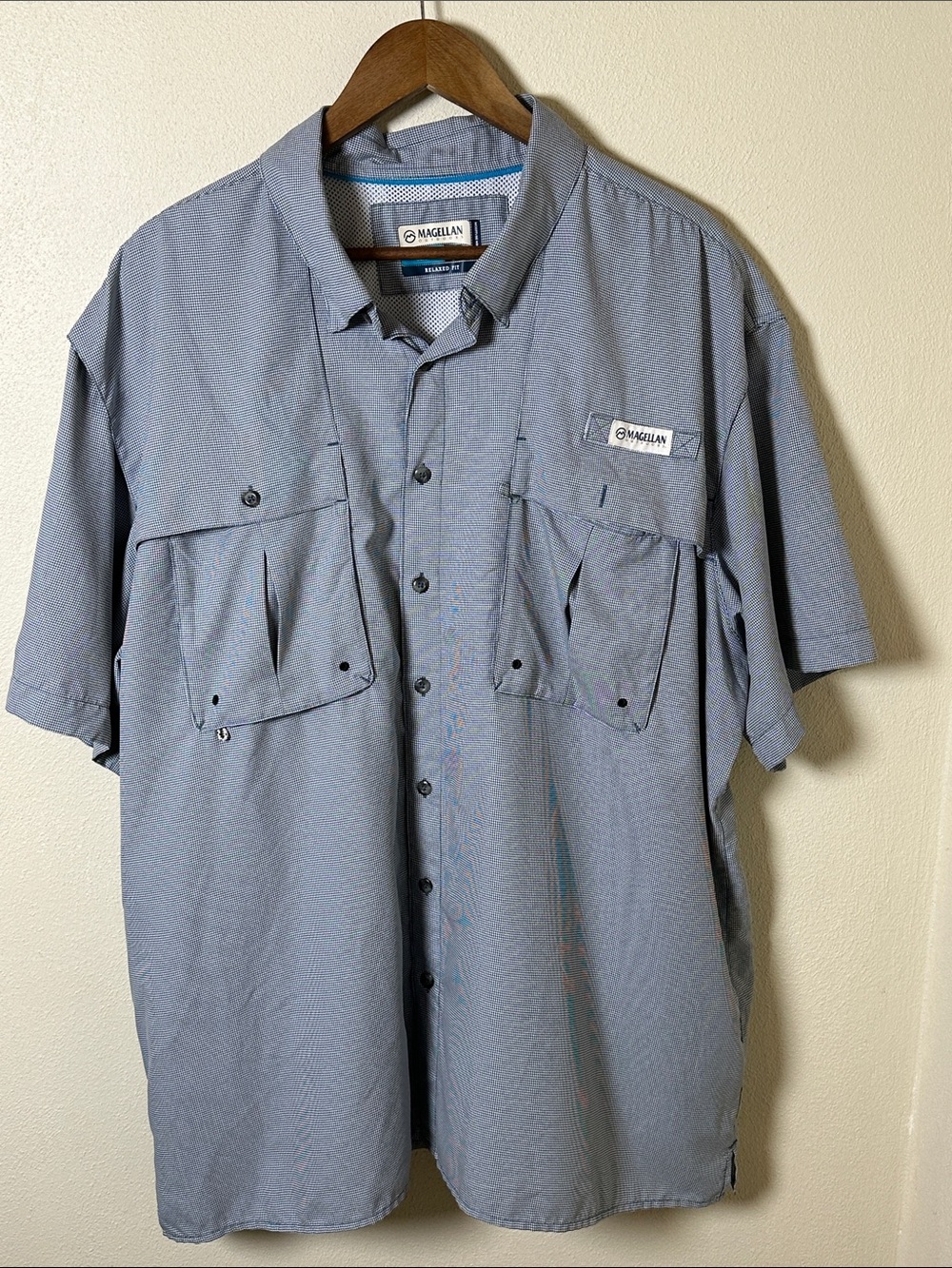 Magellan Outdoors Men’s Navy Blue Checked Button-Down Vented Shirt Sz 2XL